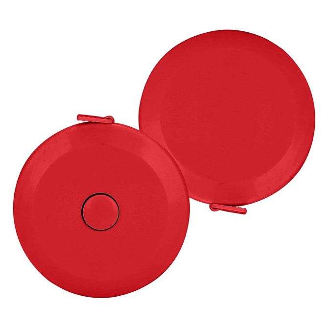 A compact red tape measure with a circular design, featuring a logo on one side. It includes a clip for attachment.