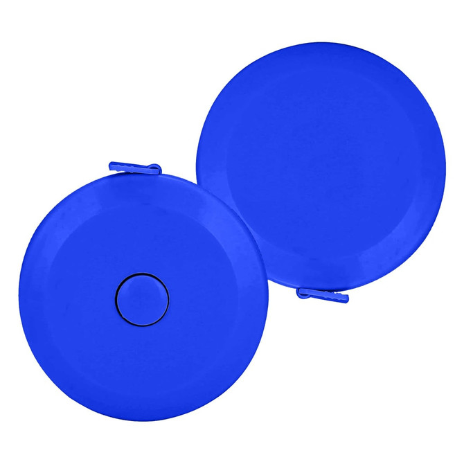 A blue compact tape measure with a circular design and a clip. It features a logo on its surface.