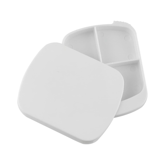 A white pill box with a hinged lid, featuring divided sections for organising medications. Includes a logo.