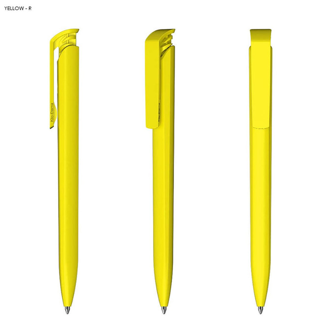 A yellow plastic pen with a glossy finish and a clip, featuring multiple angles of the product.