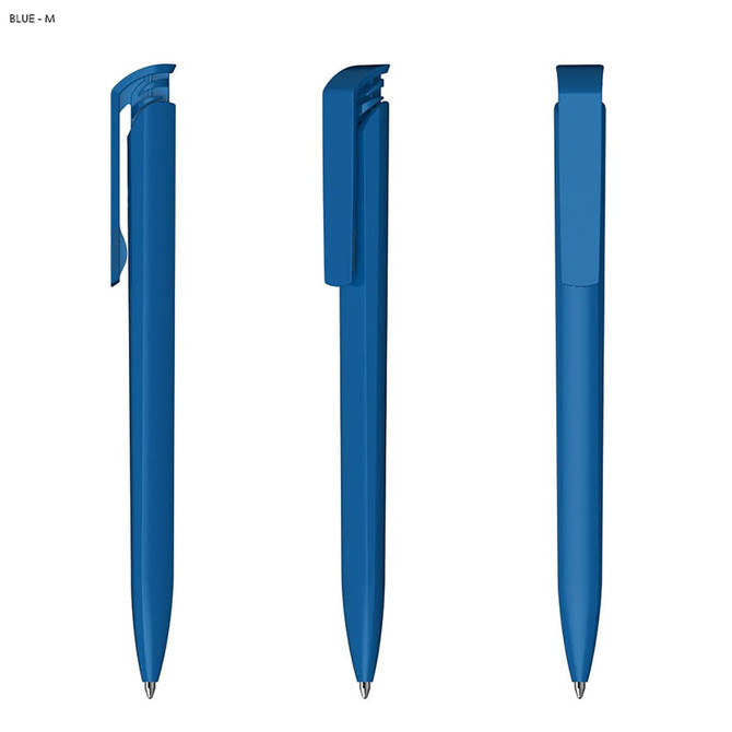 A plastic pen in solid blue, featuring a sleek design and a clip for easy attachment.