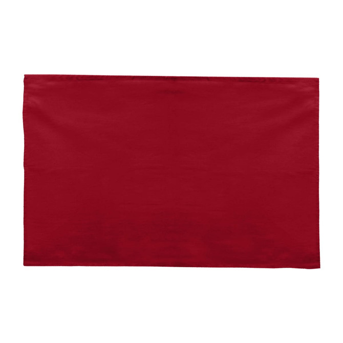 A red cotton tea towel with a smooth surface, featuring a logo in the corner.