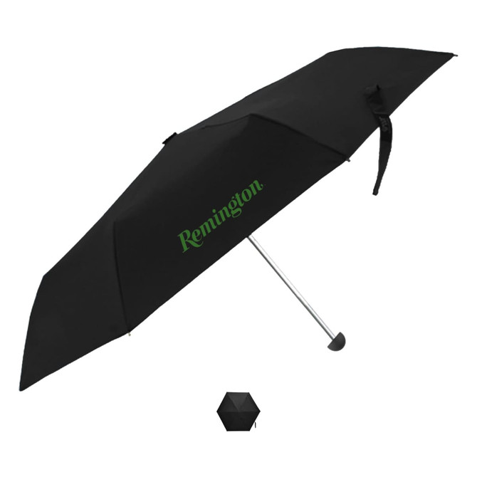 A black umbrella with a silver handle and a branding logo on the canopy.