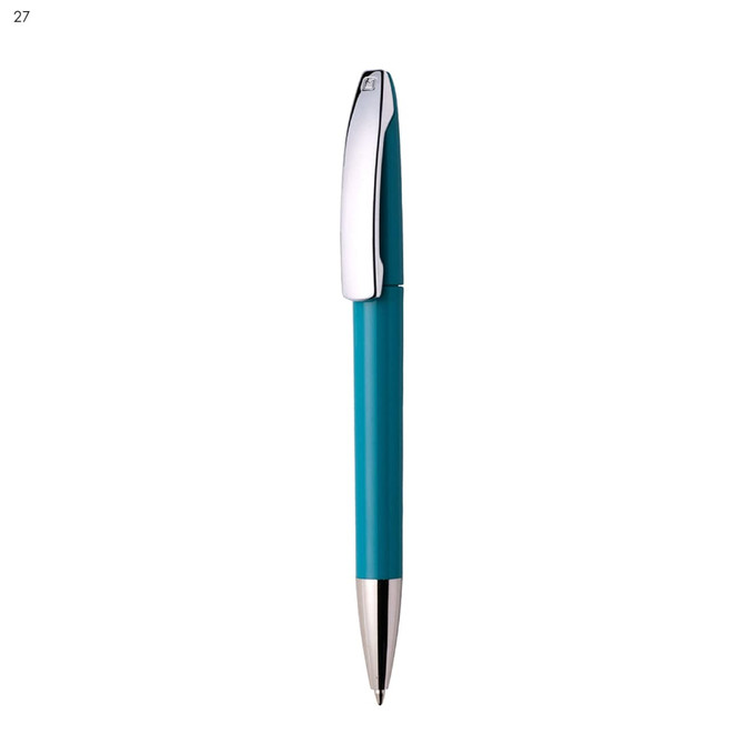 A metal pen in a turquoise finish with a chrome clip and tip. It features a logo on the body.