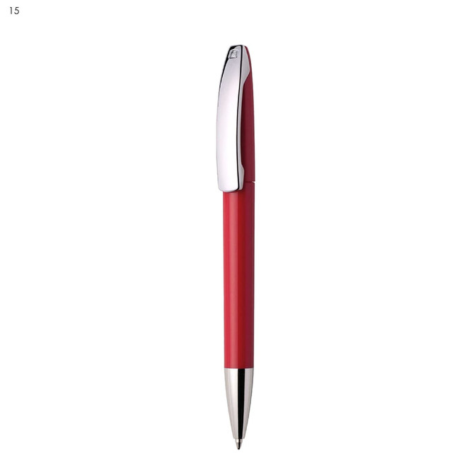 A red metal pen with a chrome accent and a sleek design, featuring a branding logo.