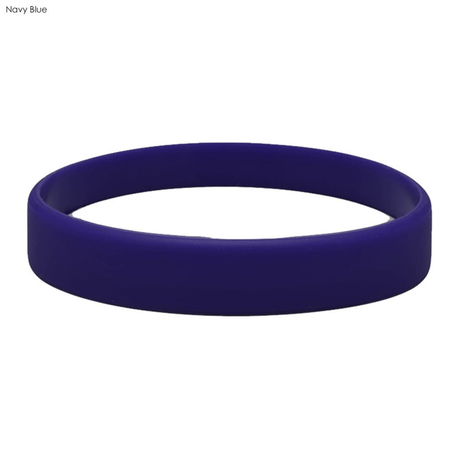 A navy blue silicone wristband with a smooth, circular design and a soft texture. It features a logo.