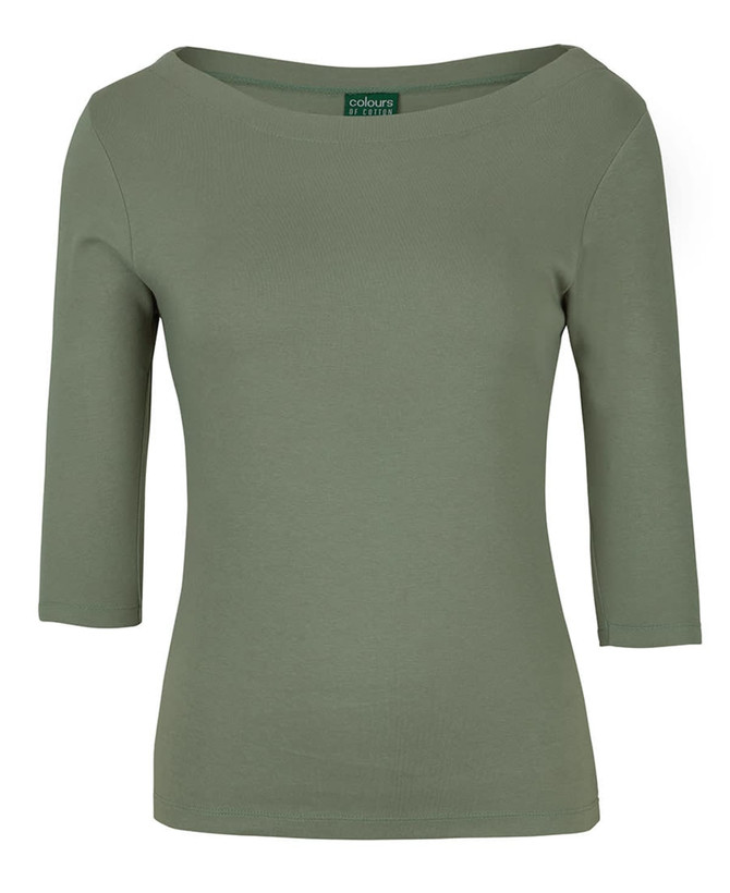 A green ladies' 3/4 sleeve boat neck tee shirt with a fitted design, featuring a branding logo.
