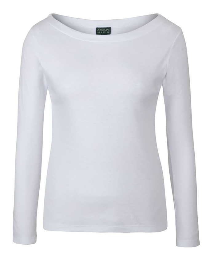 A white long-sleeved boat neck tee with a fitted silhouette and a label on the neckline.