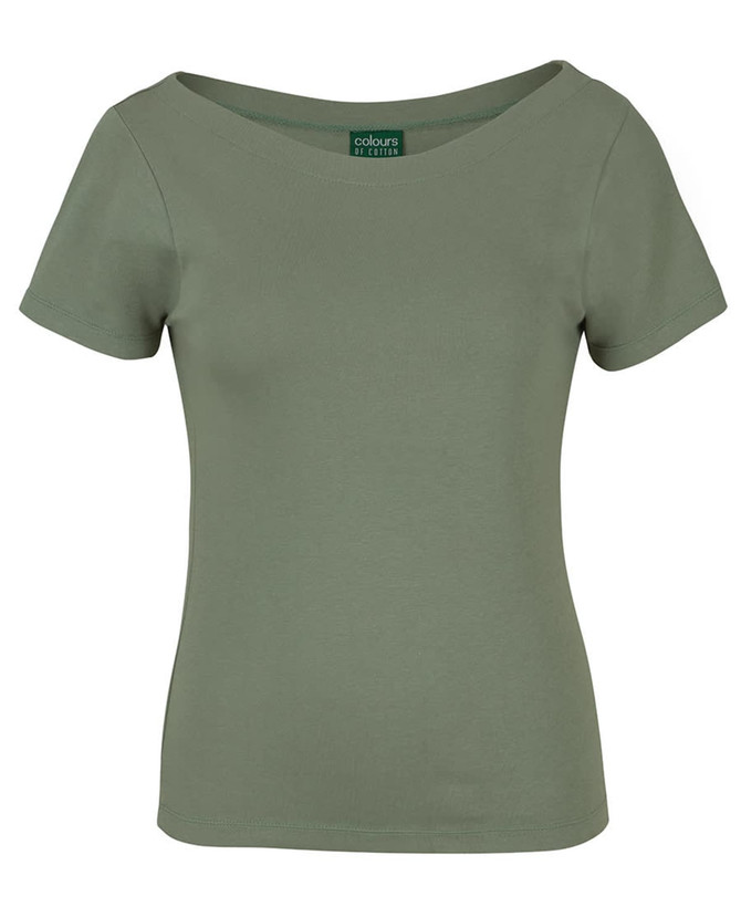 A ladies’ short sleeve boat neck tee in olive green, featuring a fitted design and a logo tag.