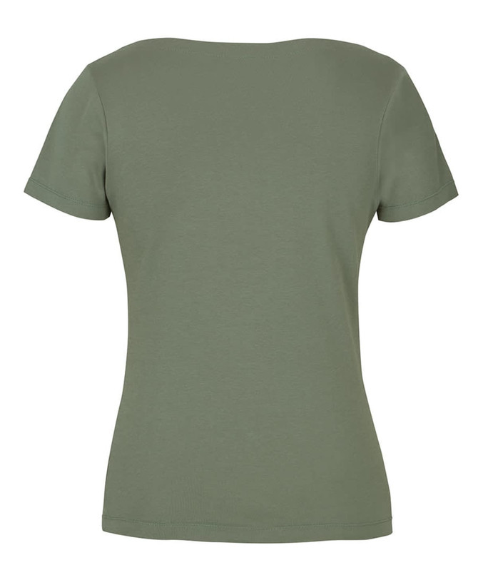 A ladies' short-sleeve boat neck tee in a soft olive green hue, featuring a simple design and a branding logo.