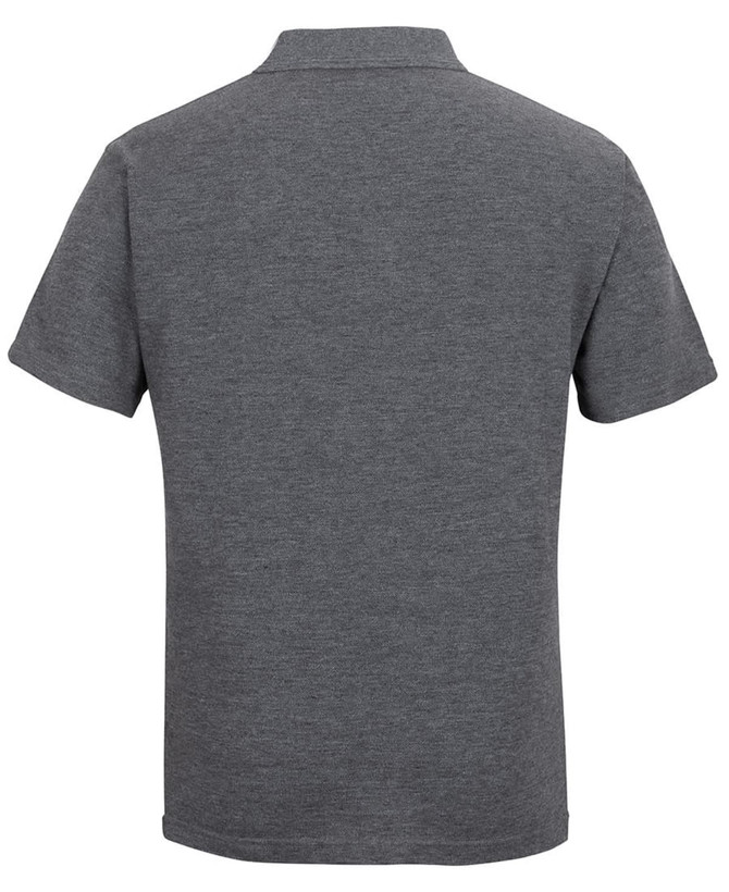 A grey polo shirt featuring a short sleeve design and a collar. The back view displays a simple and clean style.
