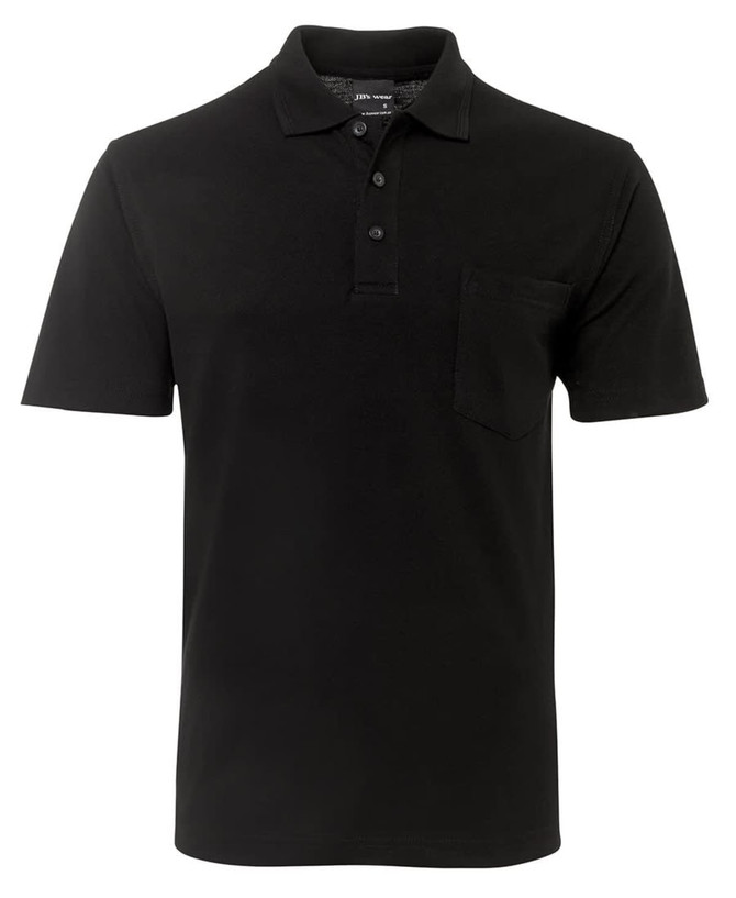 A black polo shirt featuring a pocket and a logo on the collar. Short sleeves and a classic design.