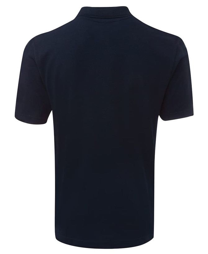 A navy polo shirt featuring a collar and short sleeves, with a logo displayed on the back.