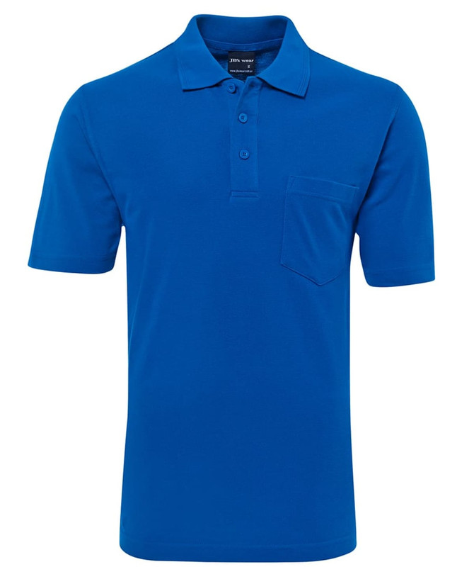 A blue polo shirt featuring a collar, short sleeves, and a pocket on the front, with a logo.