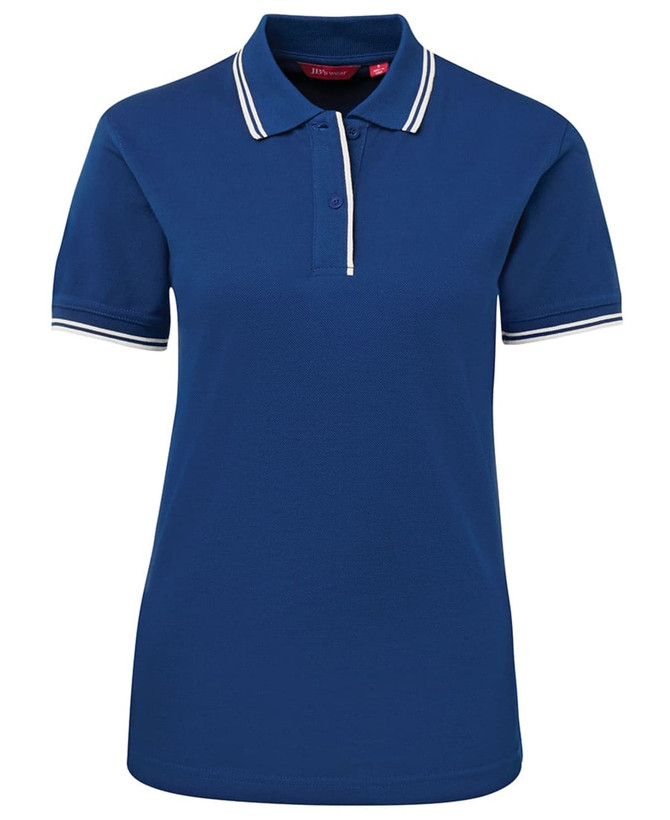 A ladies' polo shirt in navy blue with contrasting white stripes on the collar and sleeves. It features a logo.