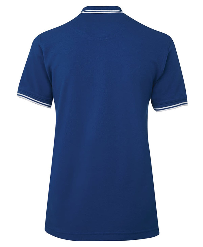 A blue ladies polo shirt with a contrast trim and a logo on the back.
