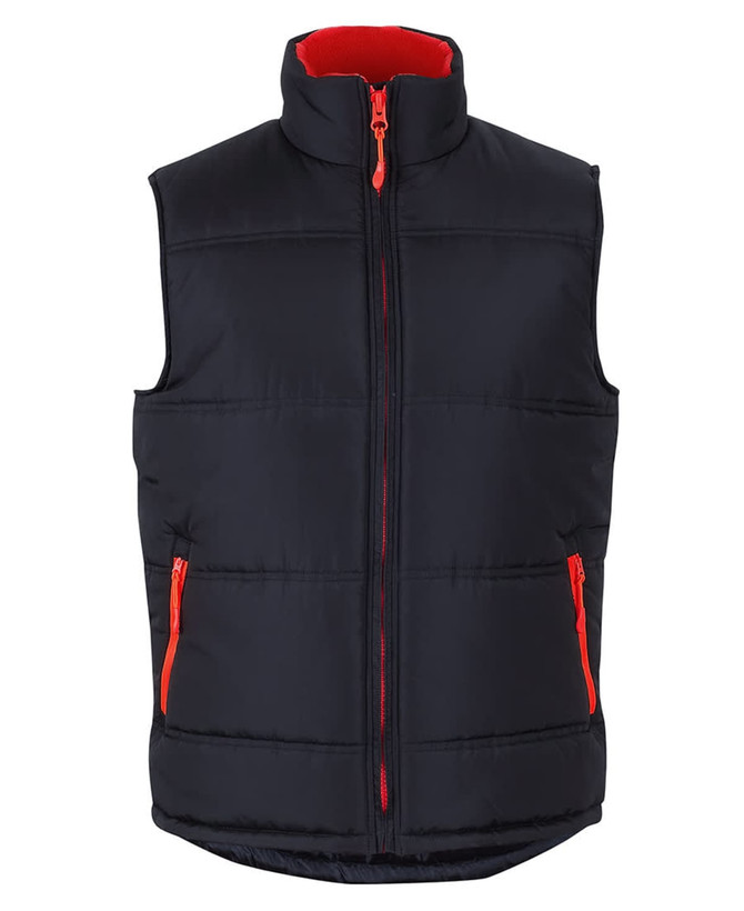A black puffer vest with a red interior and zippers, featuring a high collar and side pockets.