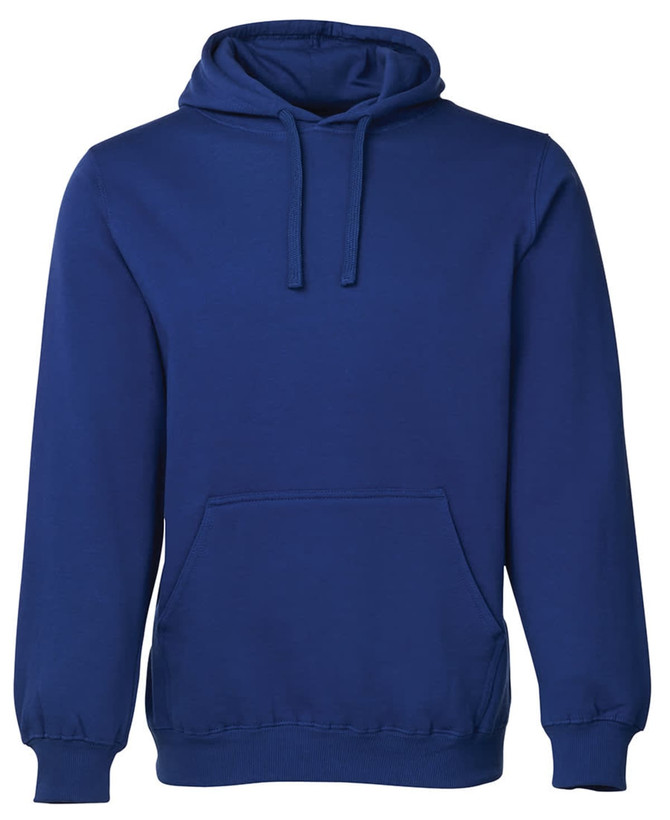 A blue hoodie featuring a front pocket and a drawstring hood, with a logo on the garment.