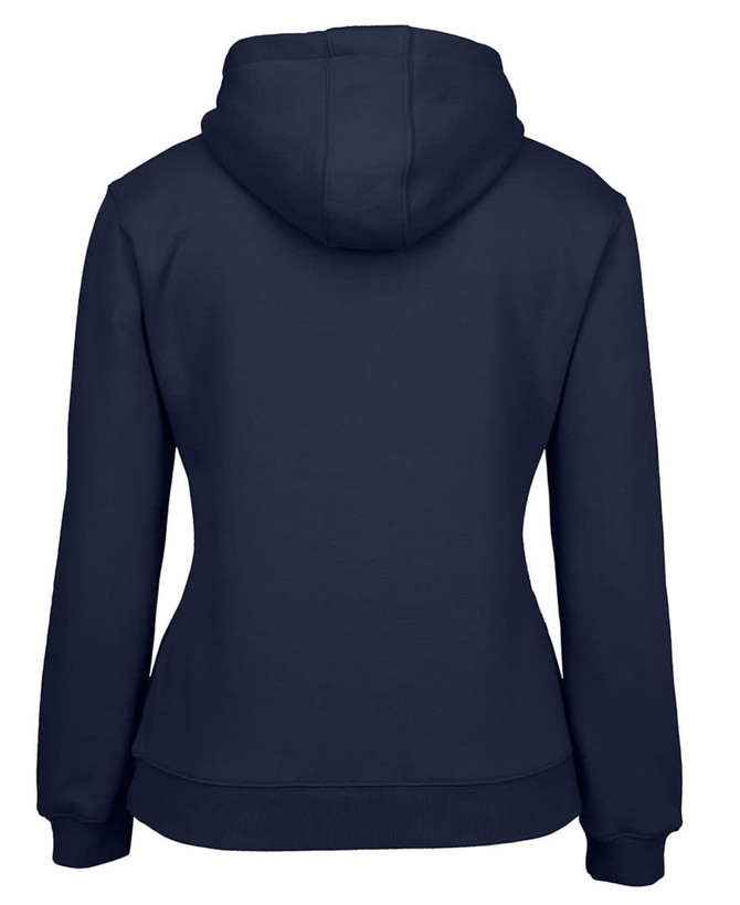 A navy blue hoodie with a back view, featuring a drawstring hood and a snug fit. It has a logo.