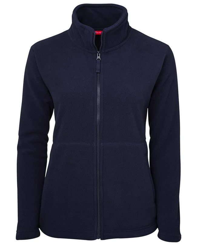 A navy polar fleece jacket with a full zip and stand-up collar, featuring two front pockets and a logo.