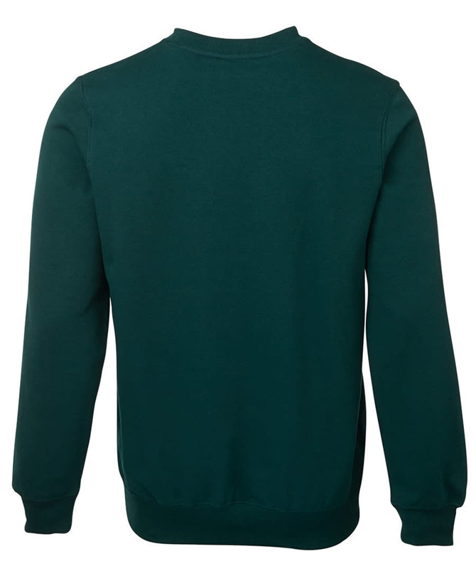 A green jumper with long sleeves and a rounded neckline, featuring ribbed cuffs and hem. There is a logo on the back.