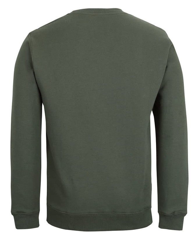 A khaki green jumper with a simple design, featuring a crew neck and long sleeves. It has a logo on the back.