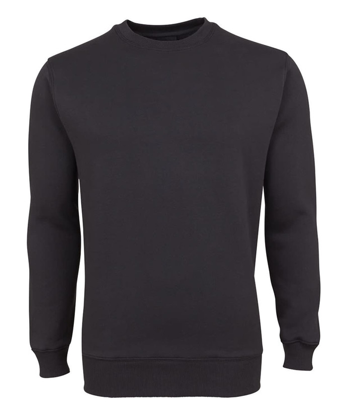 A black jumper with a crew neck and long sleeves, featuring a fitted waistband and cuffs. It has a logo on the front.