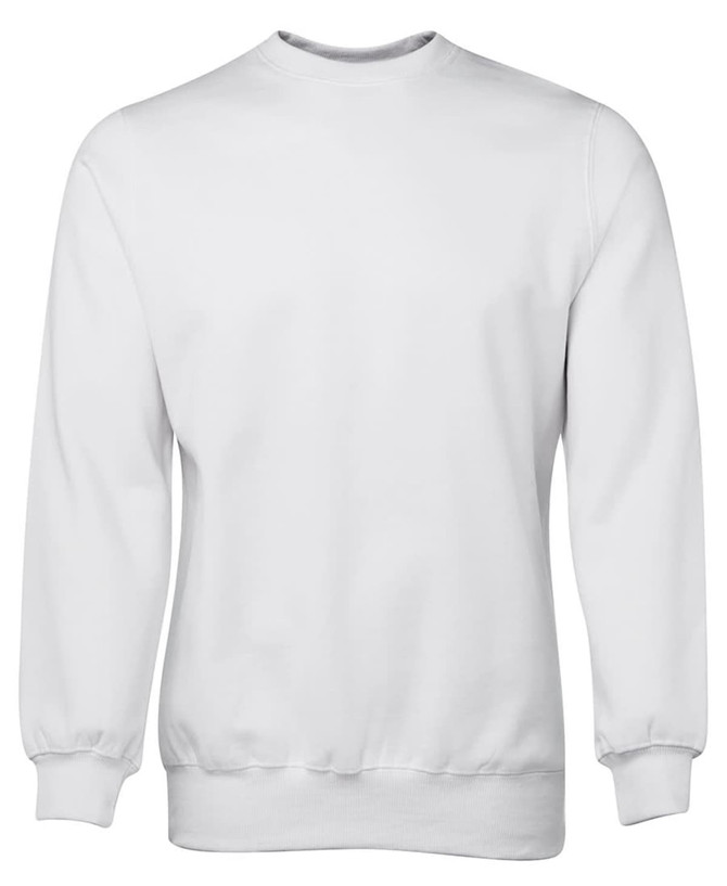 A plain white jumper with long sleeves and a round neckline, featuring a ribbed hem and cuffs.