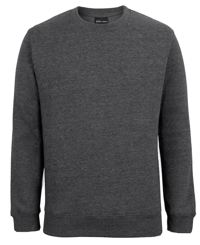 A grey jumper with long sleeves and a round neck. It has a logo at the neckline.