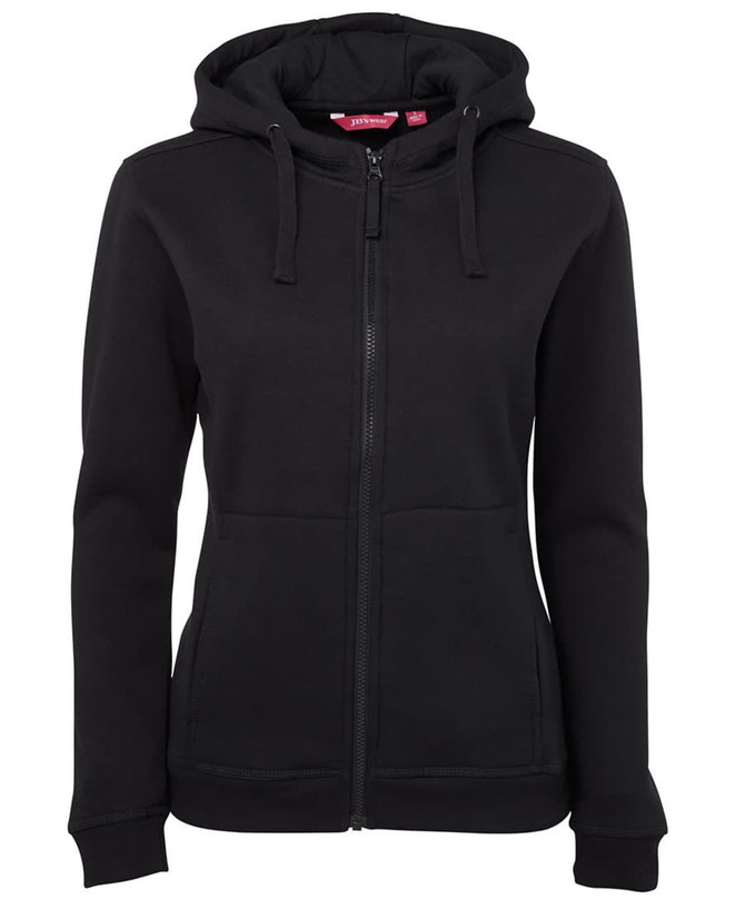 A black full zip fleece hoodie for women with a hood and front pockets, featuring a logo.