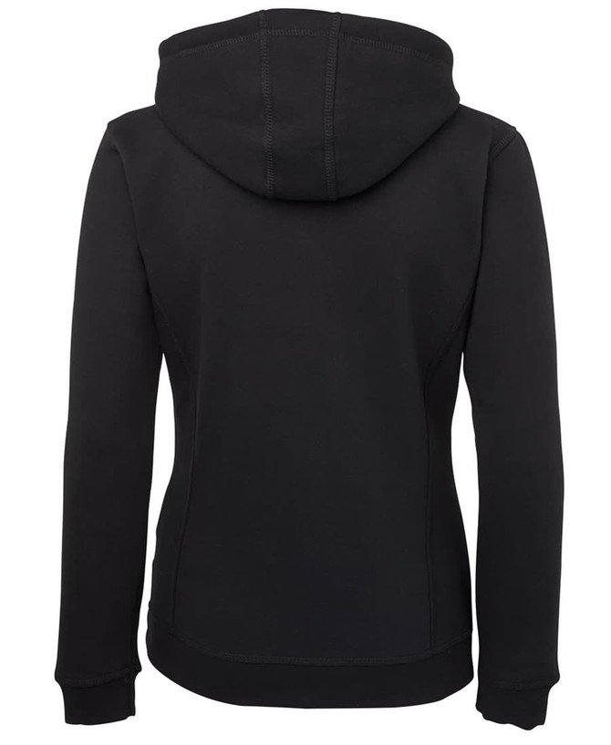 A black ladies' full zip fleece hoodie featuring a hood and a fitted design. It includes branding on the back.