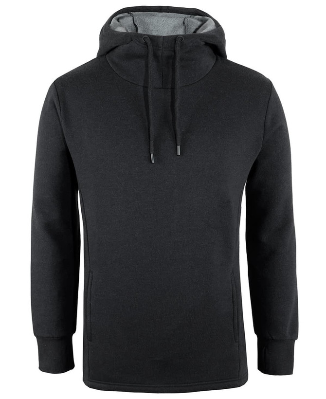 A black sports hoodie with a grey interior, featuring a hood and side pockets. It has a logo on it.