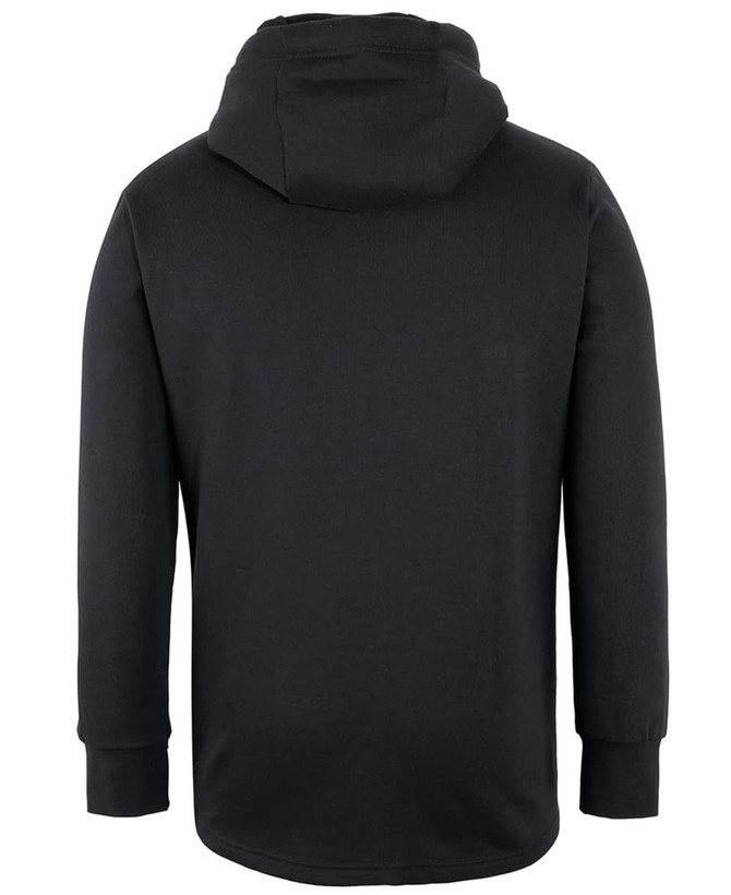 A black hoodie with a kangaroo pocket and a hood, featuring a logo on the back.