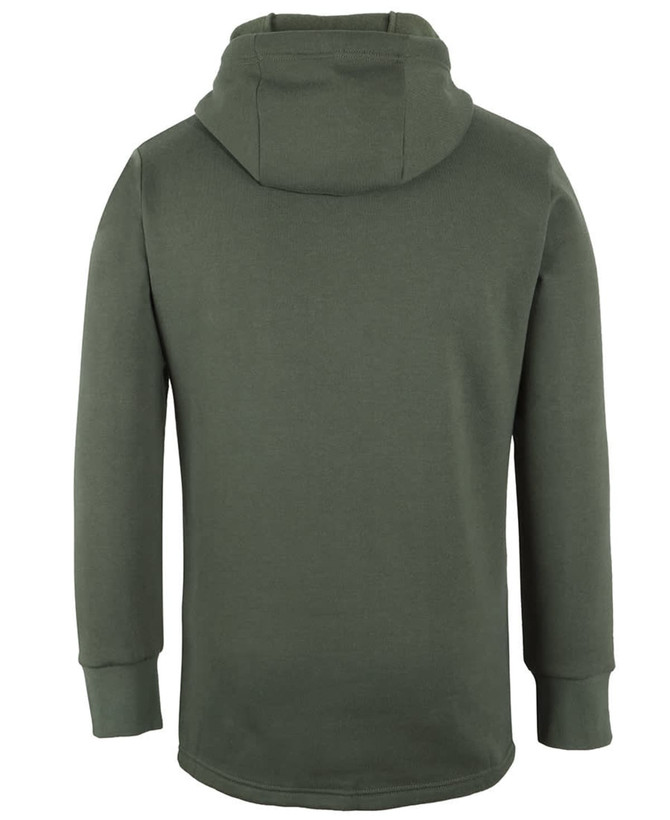 A green sports hoodie featuring a back view with a large hood and long sleeves, including a logo on the back.