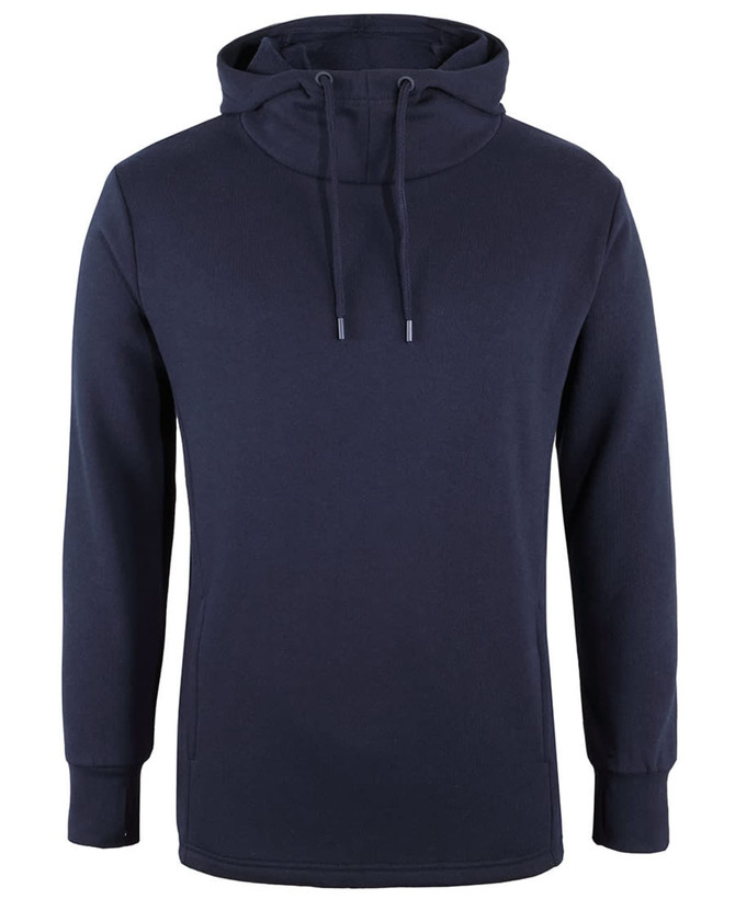 A navy hoodie with a drawstring hood and long sleeves, featuring a logo on the chest.