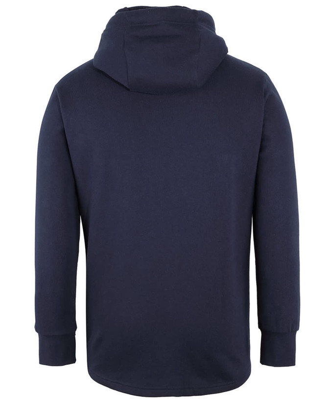 A navy hoodie with a hood and long sleeves, featuring a simple design and a logo.