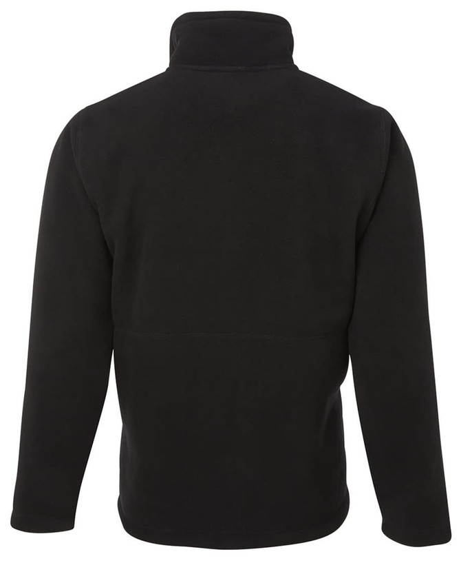 A black jacket with a high collar and a simple design, featuring a logo on the back.