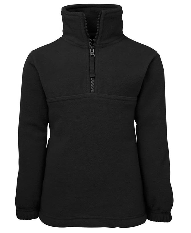 A black polar fleece jacket with a half-zip and a high collar, featuring a logo on the front.