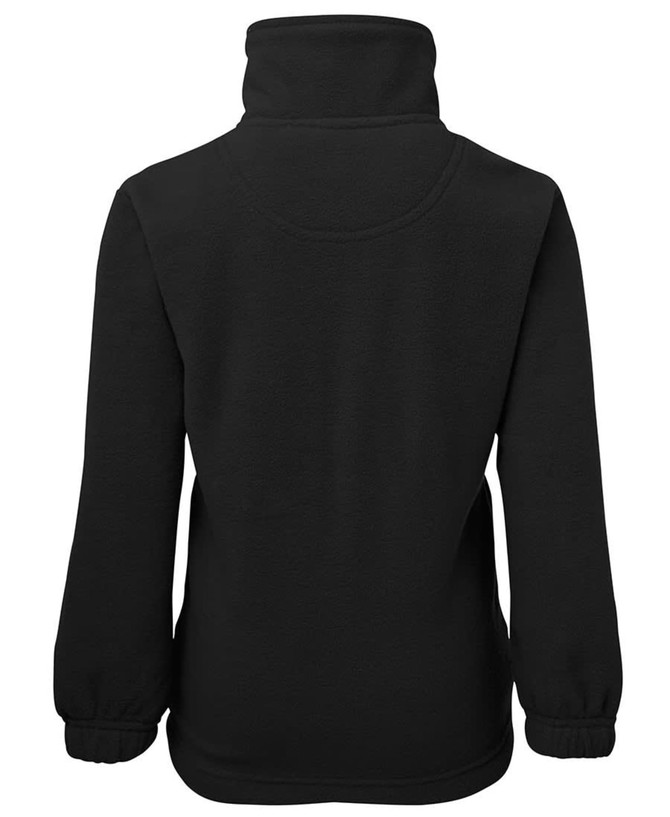 A black polar fleece jacket with a half zip and high collar, featuring elastic cuffs and a simple design.