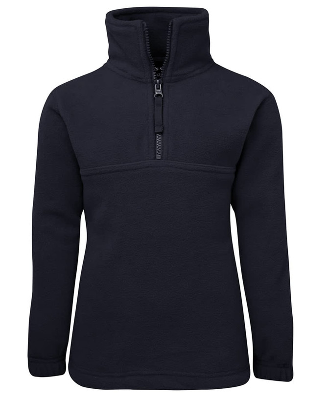 A navy 1/2 zip polar fleece jacket with a high collar and a zippered front. It features a solid design and has a logo.