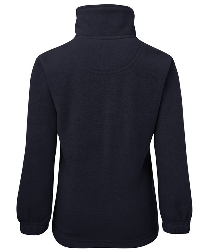 A black 1/2 zip polar fleece jacket for kids, featuring long sleeves and a high collar. Brand logo is present.