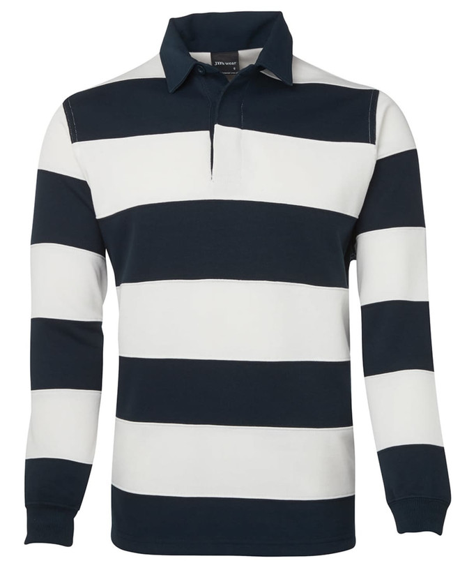 A rugby-style striped shirt in navy and white, featuring long sleeves and a collared neckline. It has a logo on the chest.