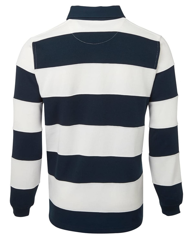 A rugby-striped T-shirt in navy and white, featuring long sleeves and a classic collar. It has a brand logo.
