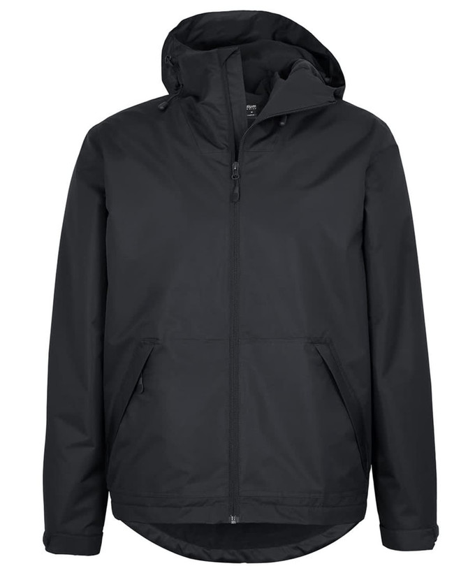 A black rain jacket with a hood, featuring zipper pockets and a logo on the front.