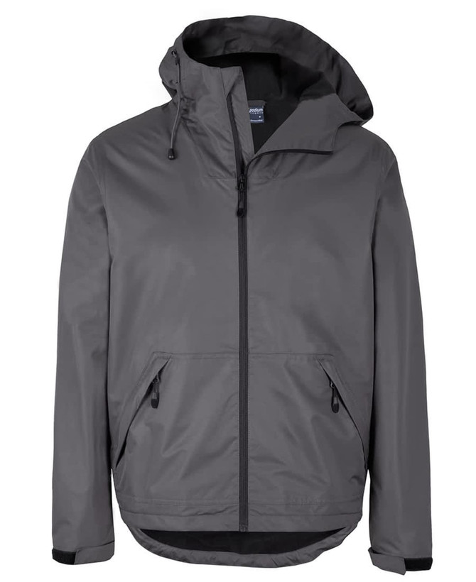 A grey rain jacket featuring a hood, two front pockets, and a zippered closure. It includes a logo on the fabric.