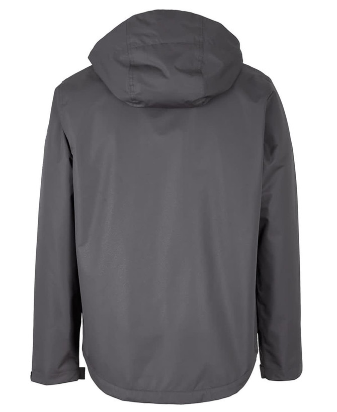 A grey rain jacket featuring a hood and a simple design, with a branding logo on the back.