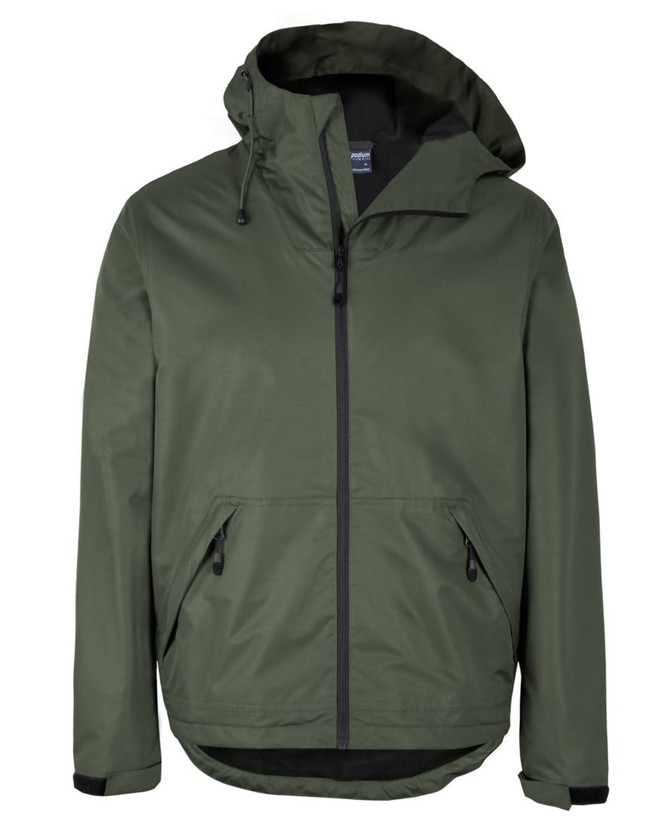 A green rain jacket with a hood, featuring a front zip and two side pockets. It has a logo on the front.