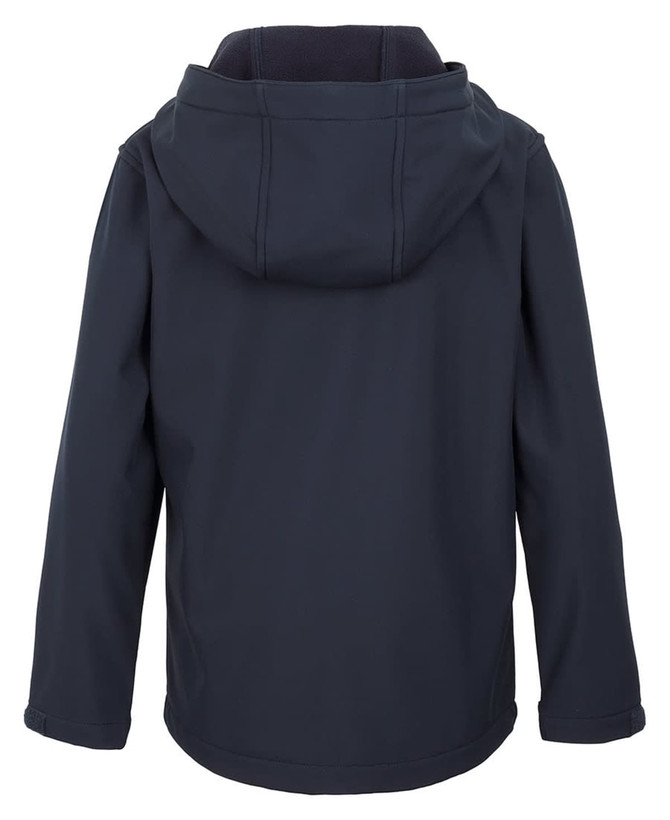 A three-layer hooded softshell jacket in dark navy, featuring a hood and a seamless design at the back.