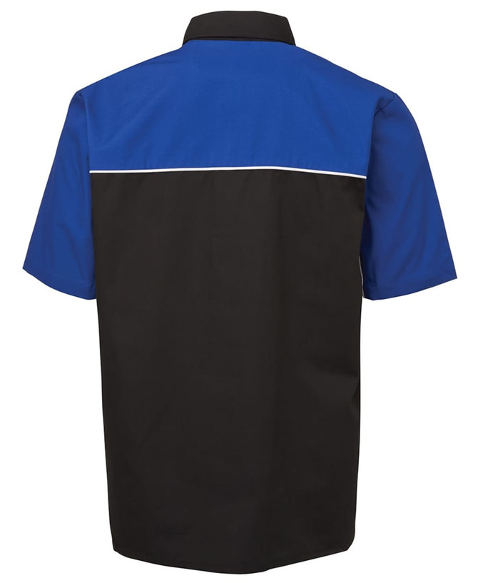 A black and blue button-up shirt with a contrasting design and a logo on the back.