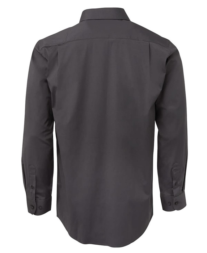 A black long-sleeved button-up shirt with a back view and a logo on the fabric.